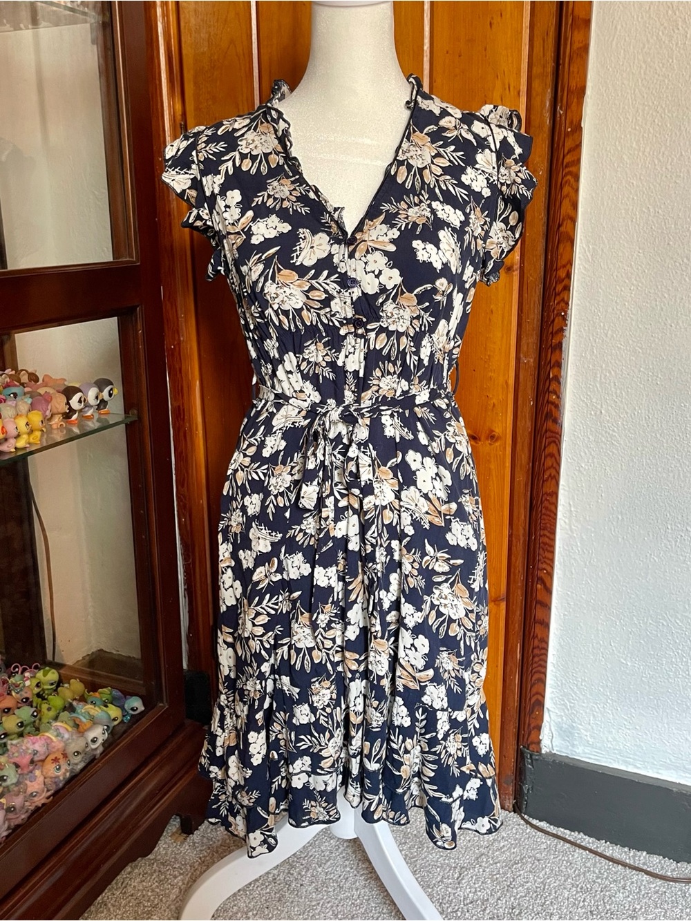 Papillon Navy Blue White Beige Floral Dress Size S-M